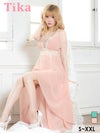 レース×シフォンハイウエスト切替フレアロングテールドレス (Sサイズ～XXLサイズ) (杉山佳那恵/キャバドレス着用)