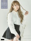 [韓国ドレス] ネックビジュー付きレディスタイル長袖ハイウエスト切替フレアミニスカートドレス (Sサイズ/Mサイズ) (黒崎みさ/キャバドレス着用)