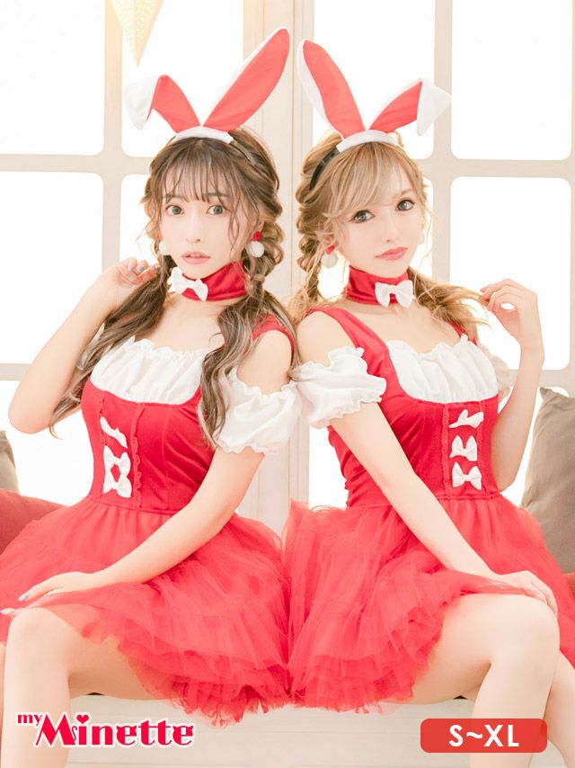 サンタコス 3点set ウェイトレスバイカラーバニーガールサンタコスプレ [ワンピース+カチューシャ+チョーカー]