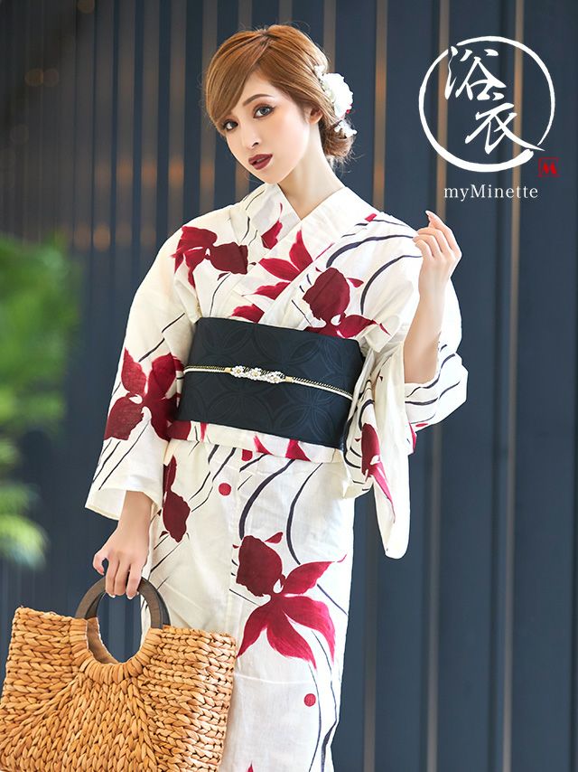 レトロ クリーム地に流水紋と優雅な金魚 ゆかた3点セット