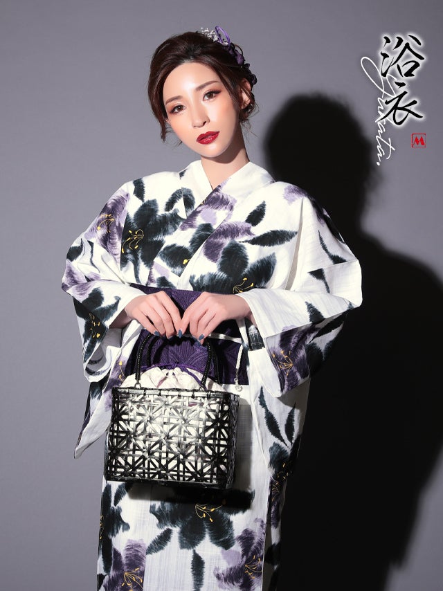 浴衣 白地に水彩百合の花 ゆかた2点セット