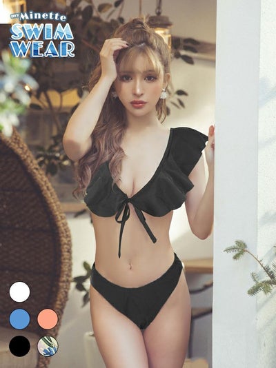 水着 セクシー胸元リボンシンプルフリルリゾートビキニ【ネコポス対応可350円】