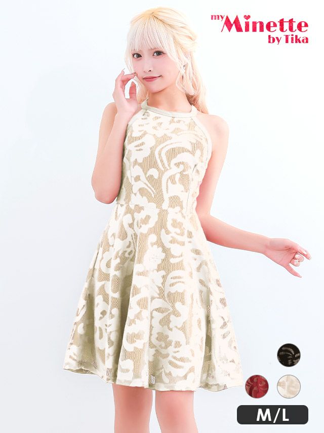 ワンカラー刺繍レースハイウエスト切替フレアアメリカンスリーブミニドレス (Mサイズ/Lサイズ)(中尾みほ着用)【プチプラドレス】[myMinette/マイミネット]