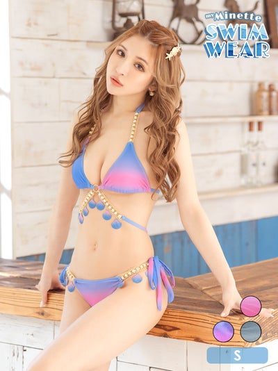 水着 グラデーションカラーシェルチャームビジューホルターネック三角ビキニ【ネコポス対応可350円】