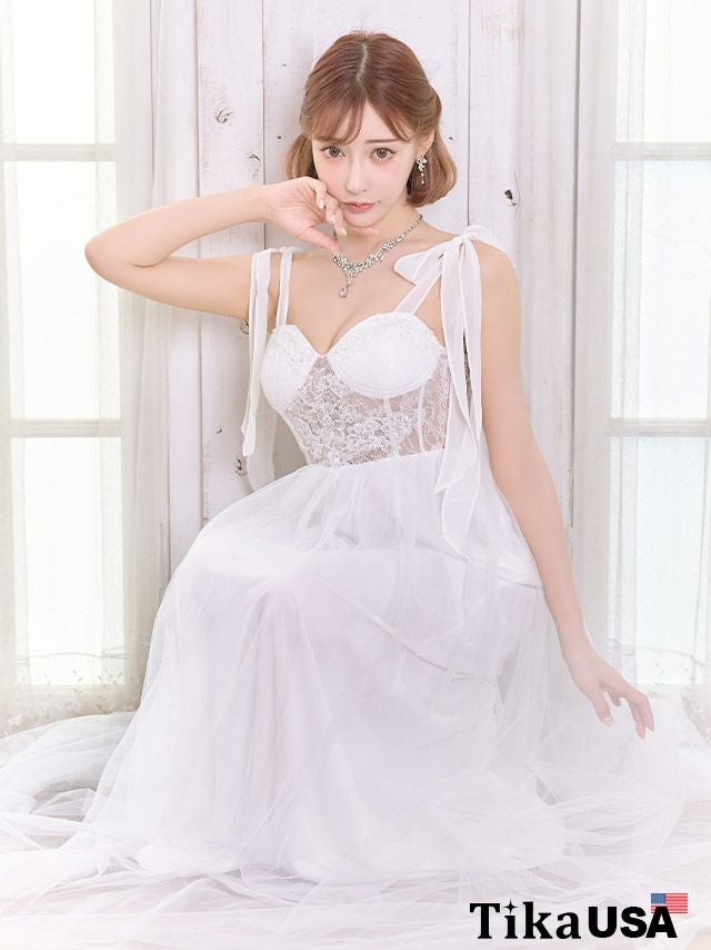 [LA直輸入] ふわふわプリンセスビスチェ風キャミソールチュールロングドレス (Sサイズ～Lサイズ) (明日花キララ/キャバドレス着用)