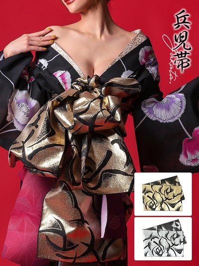 和装小物 華やか薔薇柄エレガント兵児帯単品 (ゴールド/シルバー)【ネコポス対応可350円】