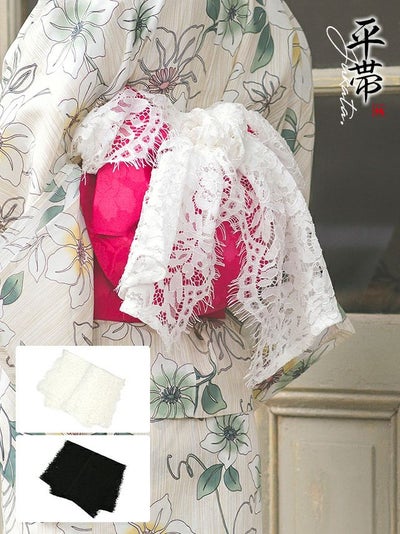 [浴衣飾り帯] レース飾り兵児帯 (ホワイト/ブラック)【ネコポス対応可350円】