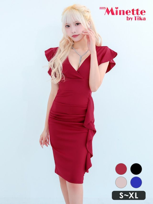 キャバドレス ミディアム丈 激安 大きいサイズ myMinette マイミネット 肩 フリル フォーマル 膝丈 タイト ミニスカート
