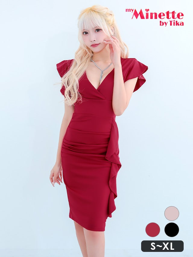 キャバドレス ミディアム丈 激安 大きいサイズ myMinette マイミネット 肩 フリル フォーマル 膝丈 タイト ミニスカート