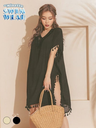 羽織り 水着 ラッシュガード 体型カバー チュニック ビーチウェア myMinette マイミネット フリンジ付きかぎ編みネックワンピースポンチョ