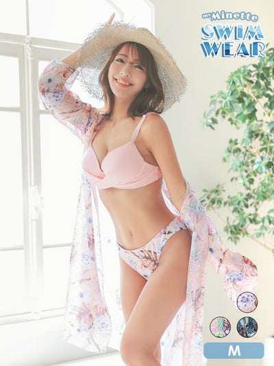 水着 レディース セット 体型カバー 羽織り myMInette マイミネット ボタニカル柄ガウンハートカットクロスビキニ