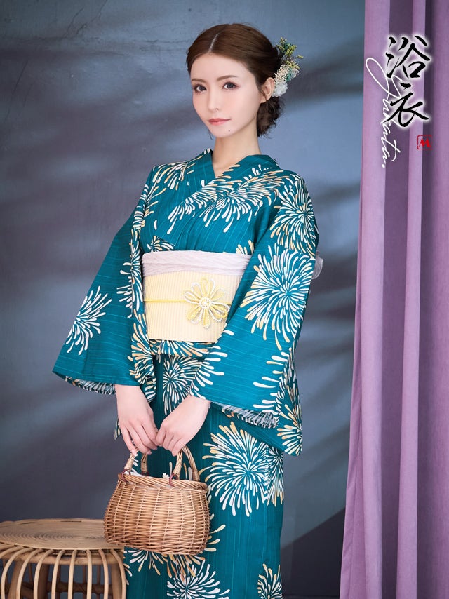 浴衣 レディース セット レトロ 古典 花火大会 myMinette マイミネット レトロ コバルトブルー に 打ち上げ花火 ゆかた 3点セット