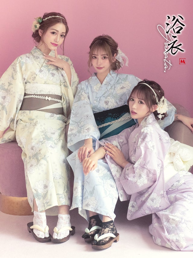 浴衣 レディース セット 作り帯 下駄 古典 レトロ myMinette マイミネット くすみカラー × フラワー ゆかた 3点セット