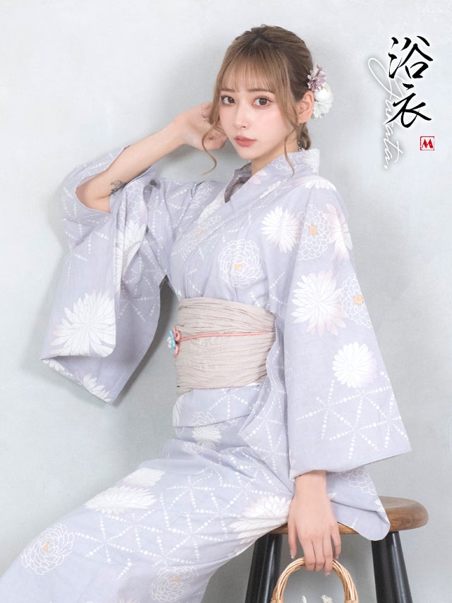 浴衣 レディース セット 帯 下駄 兵児帯 古典 レトロ myMinette マイミネット グレー地 × 大菊 ゆかた 3点セット