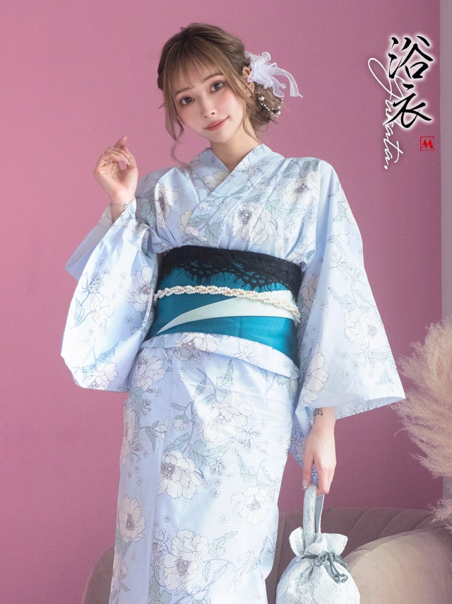 浴衣 レディース セット 作り帯 下駄 myMinette マイミネット パステルブルー × フラワー ゆかた 2点セット