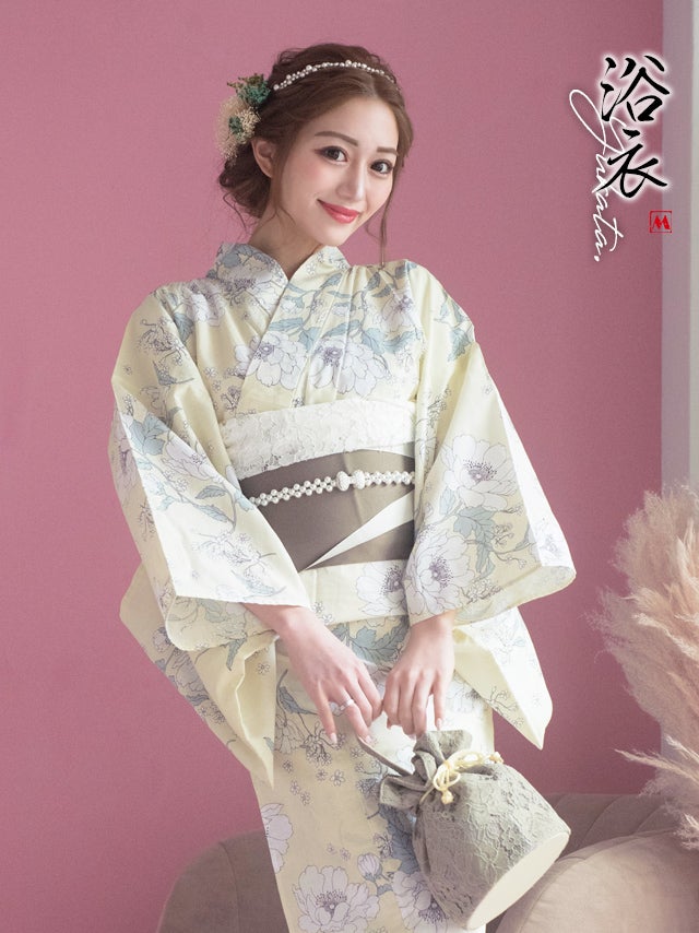 浴衣 レディース セット 作り帯 下駄 古典 レトロ myMinette マイミネット　SWEET パステルイエロー　×　線画　フラワー ゆかた　2点セット