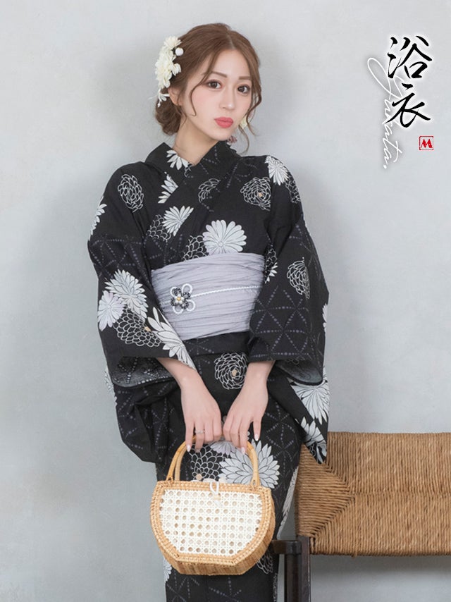 浴衣 レディース セット 帯 下駄 兵児帯 古典 レトロ myMinette マイミネット レトロ 菊柄 × モノトーン 黒地 ゆかた 2点セット