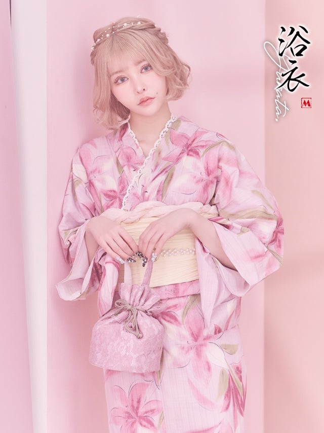 浴衣 レディース セット 古典 レトロ 祭り myMinette マイミネット 淡いピンク × 水彩 百合 ゆかた2点セット