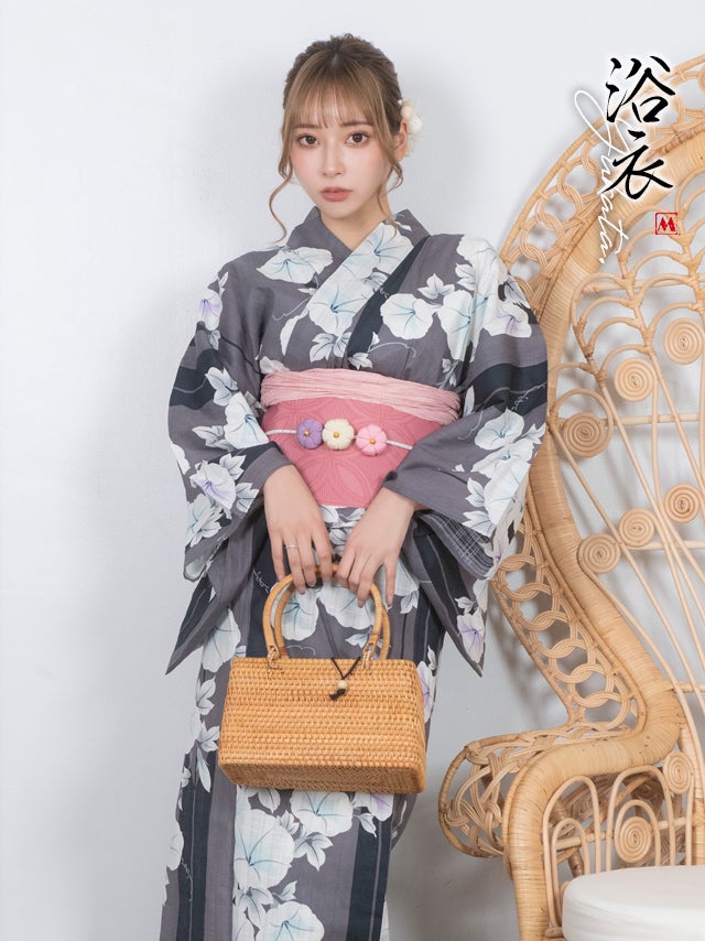 浴衣 レディース セット 古典 レトロ 下駄 作り帯 myMinette マイミネット ブラック × マルチストライプ × 朝顔 ゆかた3点セット