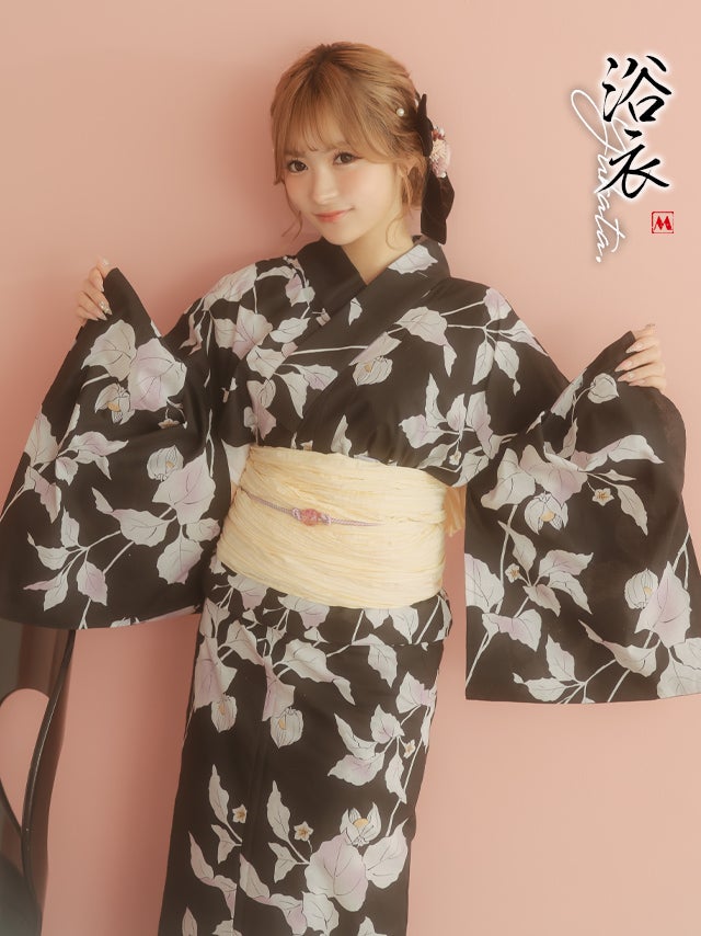 浴衣 レディース セット 古典 レトロ 下駄 兵児帯 帯 myMinette マイミネット ブラック × グラデーション 鬼灯リーフ ゆかた3点セット