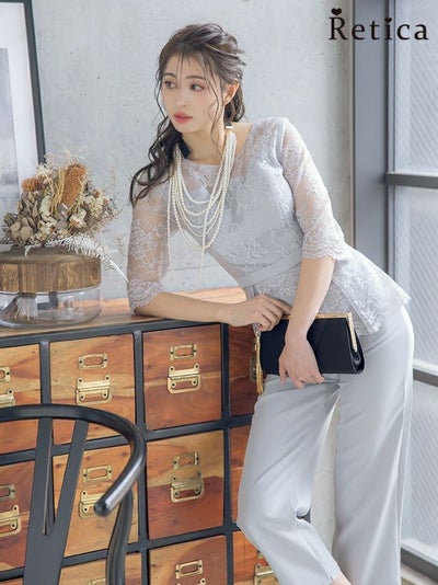 レース ウエスト ペプラム ツーピース パンツ ハーフスリーブ 結婚式 パーティー ドレス myMinette マイミネット フラワーレーススカラップデザイン五分袖パンツ結婚式パーティードレス