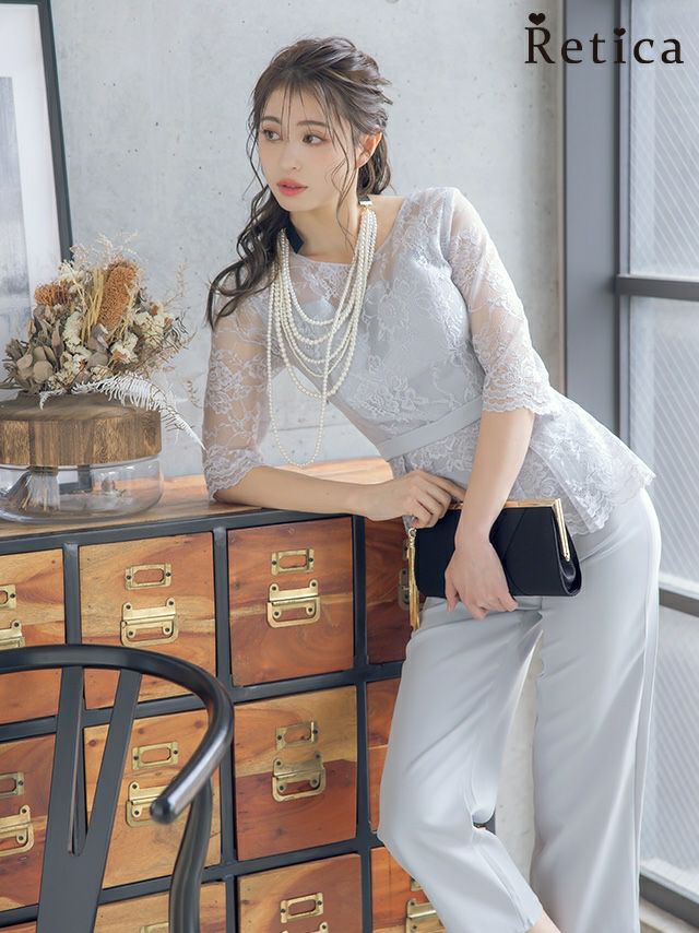 レース ウエスト ペプラム ツーピース パンツ ハーフスリーブ 結婚式 パーティー ドレス myMinette マイミネット フラワーレーススカラップデザイン五分袖パンツ結婚式パーティードレス