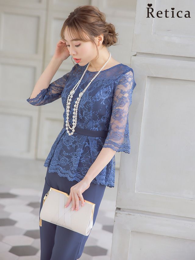 デコルテ シアー 刺繍レース ペプラム パンツ ハーフスリーブ 結婚式 パーティー ドレス myMinette マイミネット ウエストマーク花柄レーストップスストレートパンツ結婚式パーティードレス