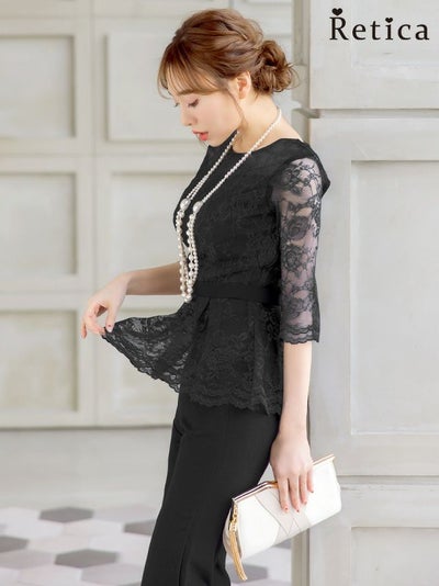 刺繍レース ウエストマーク フリル パンツ ハーフスリーブ 結婚式 パーティー ドレス myMinette マイミネット ペプラム風レースギャザートップスパンツスタイル結婚式パーティードレス