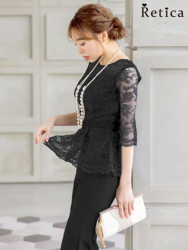 刺繍レース ウエストマーク フリル パンツ ハーフスリーブ 結婚式 パーティー ドレス myMinette マイミネット ペプラム風レースギャザートップスパンツスタイル結婚式パーティードレス