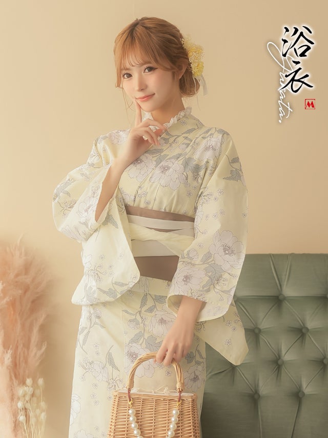 浴衣 レディース セット 帯 作り帯 下駄 レトロ 古典 薔薇 myMinette マイミネット SWEET パステルイエローに 線画牡丹の花 ゆかた3点セット