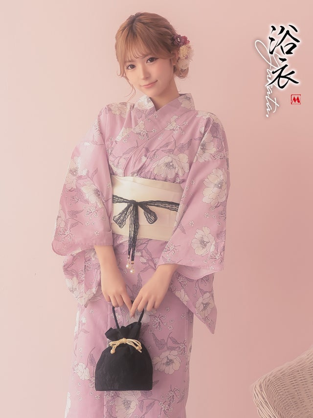 浴衣 レディース セット 作り帯 下駄 古典 レトロ myMinette マイミネット SWEET ピンク × 線画フラワー ゆかた3点セット