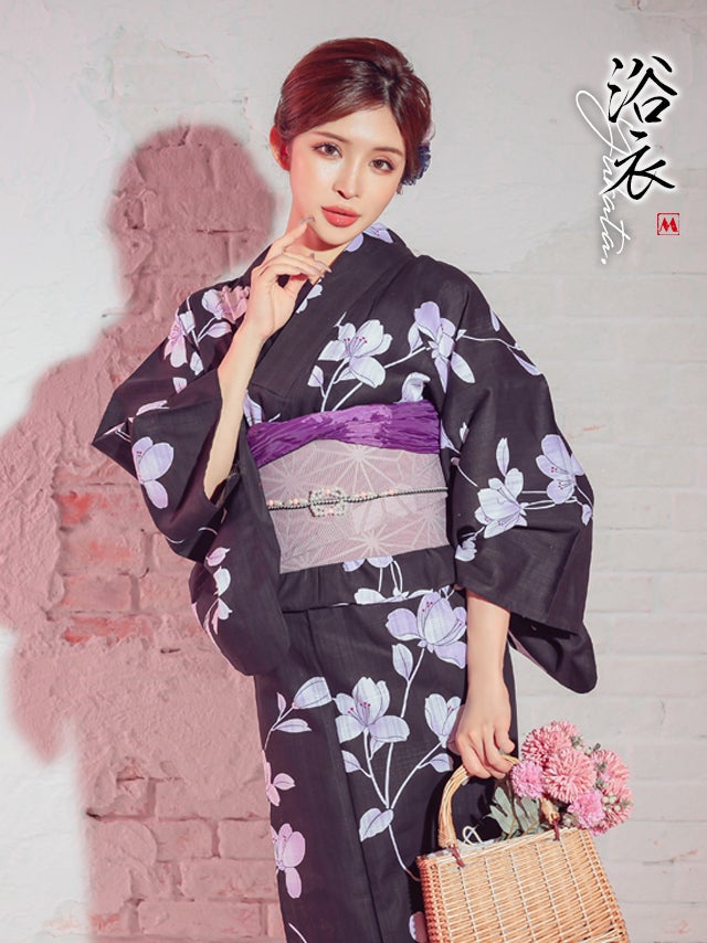 浴衣 レディース セット 作り帯 下駄 古典 あやめ レトロ myMinette マイミネット 妖艶 黒地と紫菖蒲のゆかた2点セット
