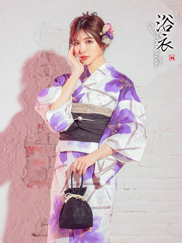 浴衣 レディース セット 帯 下駄 古典 レトロ myMinette マイミネット 妖艶 クリーム下地に水墨で描いた紫のお花 ゆかた2点セット