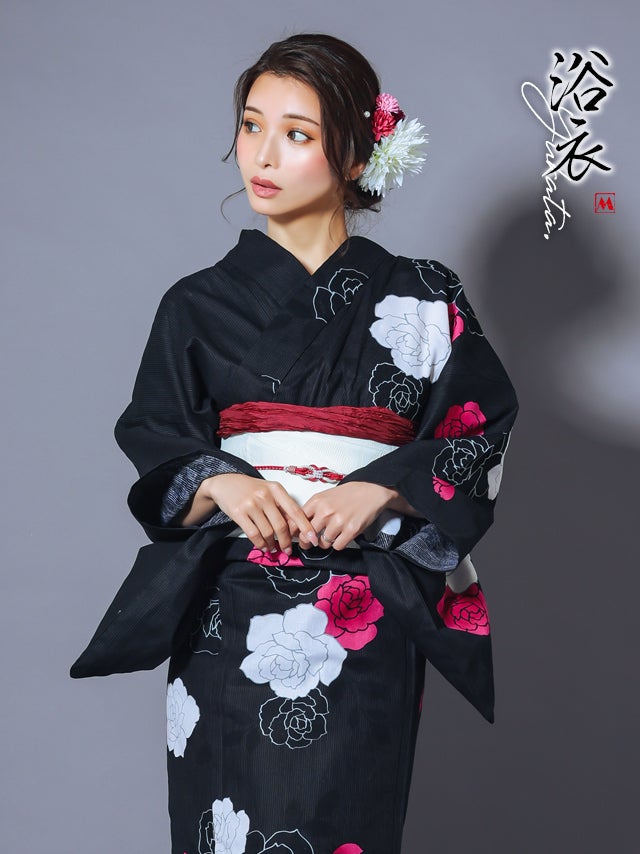 浴衣 選べる帯 粋 黒地鮮やか３色薔薇 ゆかた2点セット