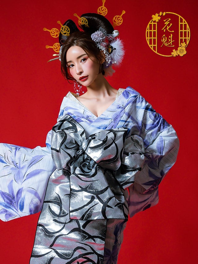 花魁 浴衣 セット 兵児帯 肌襦袢 和装 myMinette マイミネット 白地に紫入りの水彩塗り百合柄 おいらん浴衣5点セット