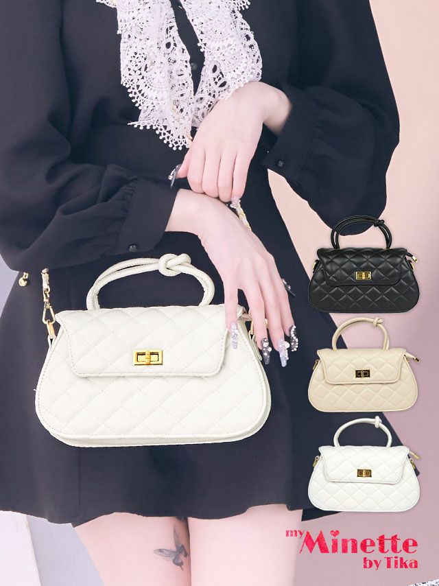 キルティング加工チェーン付き2Way結びハンドルバッグ