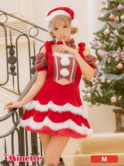 コスプレ サンタ クリスマス 衣装 仮装 myMinette マイミネット タータンチェック柄オフショルスカラップファーフレアスカート王道サンタコスプレ