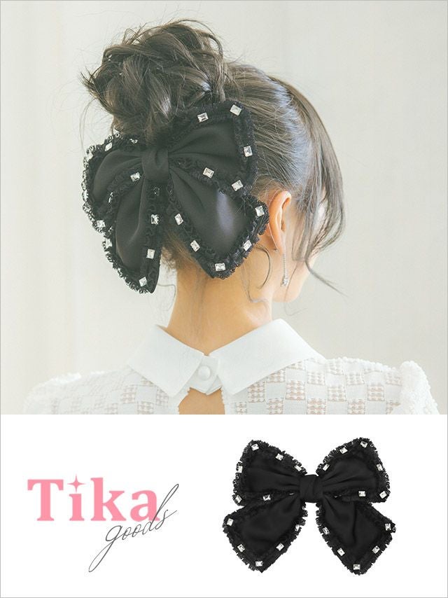 ヘアアクセ バレッタ 髪飾り ヘアアレンジ ヘアアクセサリー クリップ リボン 大きめ ガーリー 黒 myMinette マイミネット ストーンビジュー付きフリルパイピングリボンバレッタヘアアクセサリー