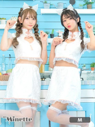 コスプレ ハロウィン キャット 衣装 仮装 myMinette マイミネット ハート型 バストカット ペア へそ出し フレアスカート ガーリー 猫 アニマル ミニ チャイナ