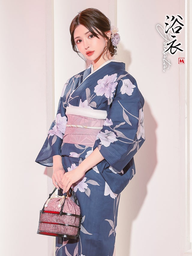 浴衣 レディース セット 帯 下駄 平帯 作り帯 和装 和服 百合 紺地 ユリ ゆかた 女性 大人
