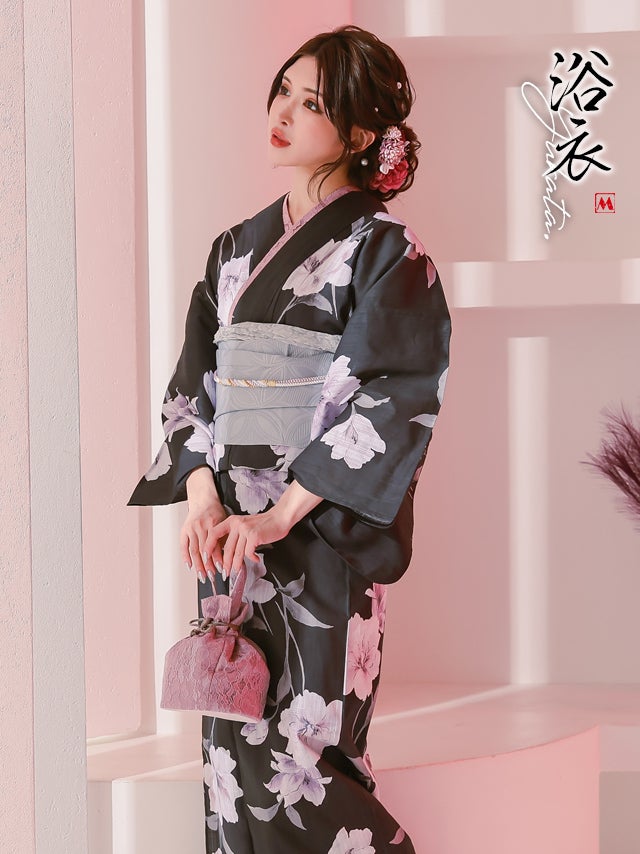浴衣 レディース セット 帯 下駄 和装 和服 作り帯 平帯 黒地 百合 ユリ ゆかた 水彩