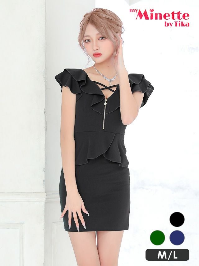キャバドレス 安い 激安 ミニ丈 キャバクラ クラブ ラウンジ クロスデザイン ジップ 胸元フリル ペプラム プチプラ タイト ミニドレス プチプラドレス