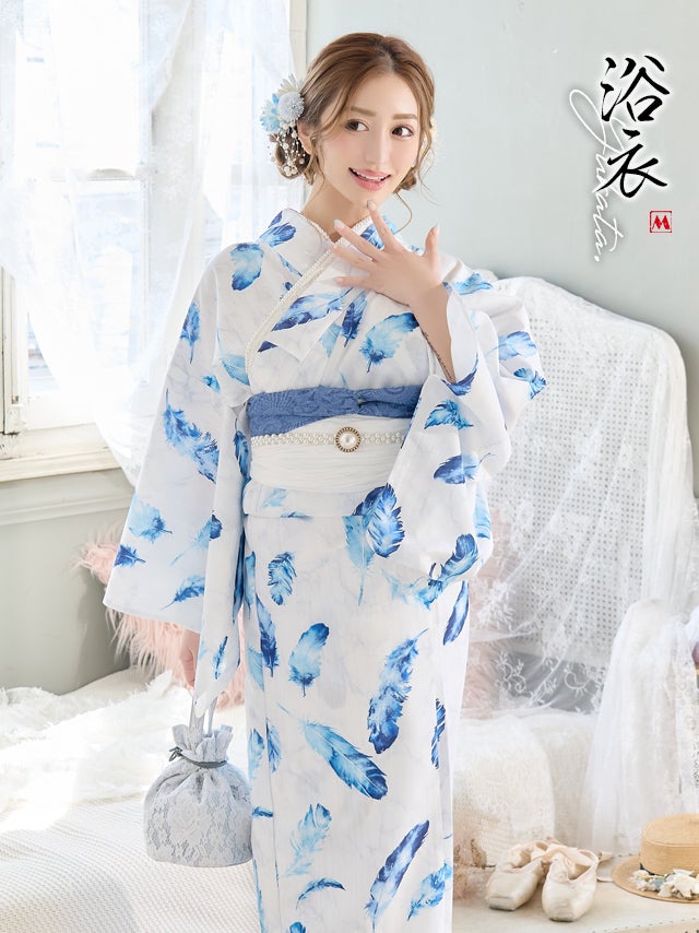 浴衣 ゆかた yukata SWEET 白地×ブルーフェザー ゆかた3点セット