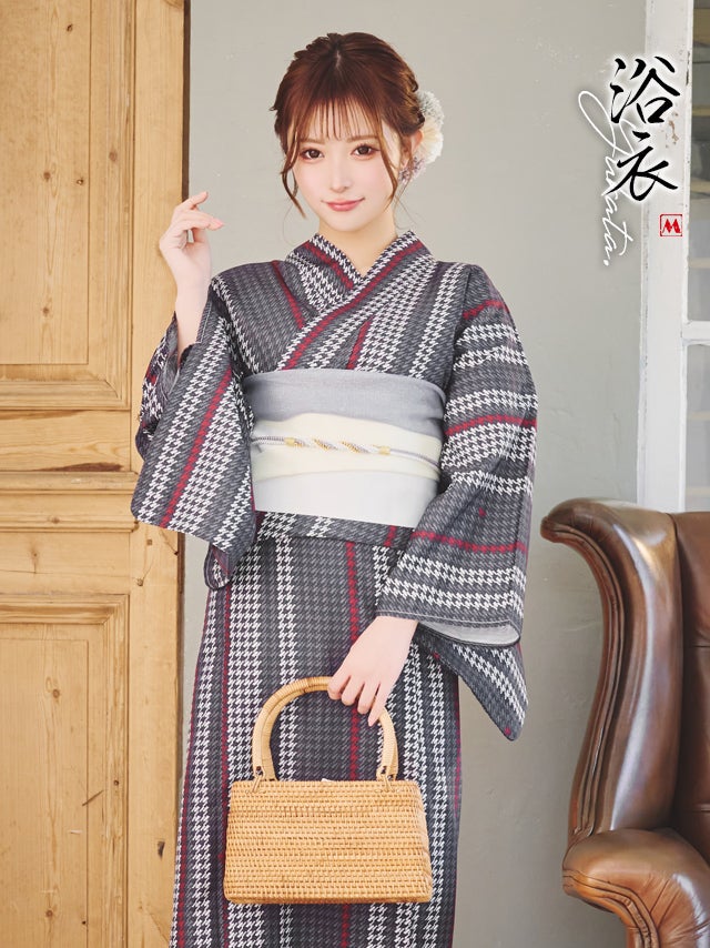 浴衣 ゆかた yukata レトロ 黒地×ツイード風 古典 ゆかた3点セット