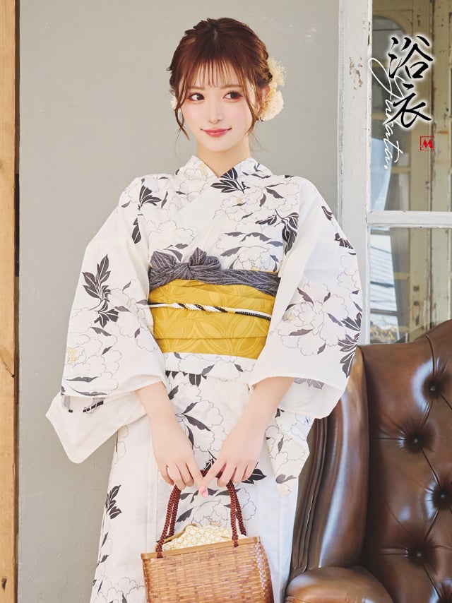 浴衣 ゆかた yukata レトロ 白地×シンプル牡丹 ゆかた3点セット