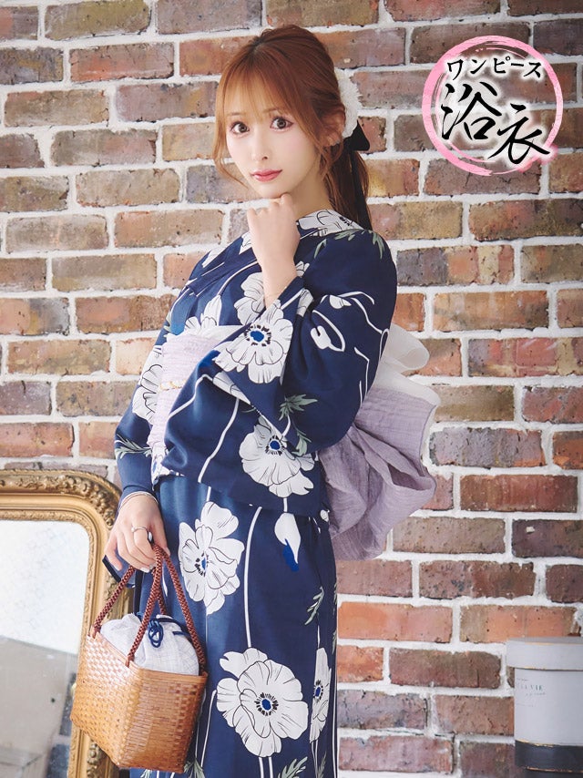 浴衣 ゆかた yukata ワンピース浴衣 紺地×線画ホワイトポピー ゆかた3点セット