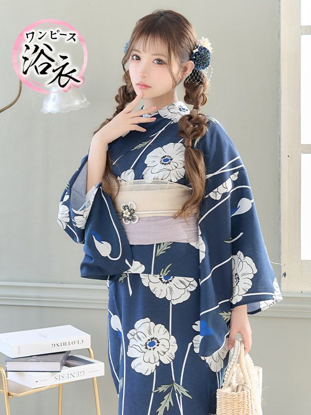 浴衣 ゆかた yukata ワンピース浴衣 ネイビー×線画ポピー ゆかた3点セット
