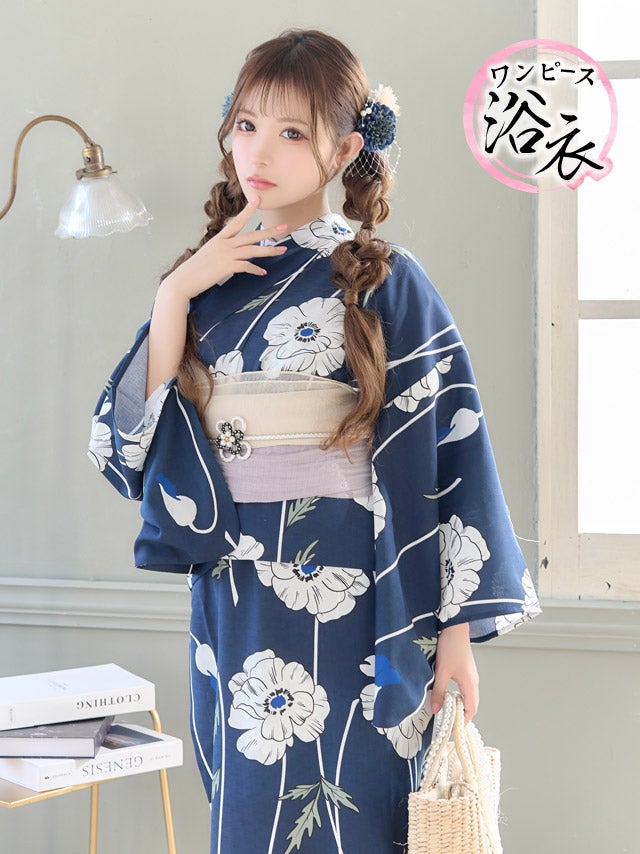 浴衣 ゆかた yukata ワンピース浴衣 ネイビー×線画ポピー ゆかた3点セット
