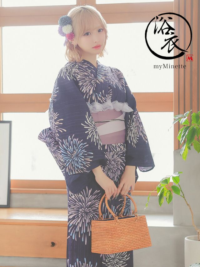 浴衣 レディース 大人 myMinette マイミネット レトロ 紺地×華やかピンク花火 ゆかた3点セット
