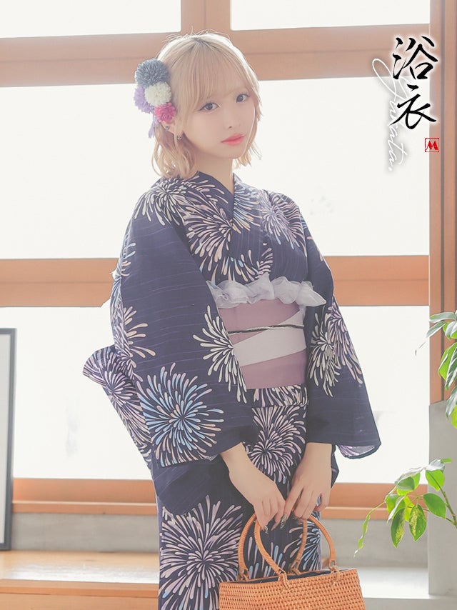 浴衣 レディース 大人 myMinette マイミネット レトロ 紺地×華やかピンク花火 ゆかた2点セット